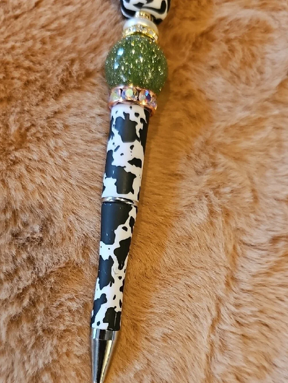 Coffee Green & Black Cowprint Glitter Beaded Pen - Picture 5 of 5